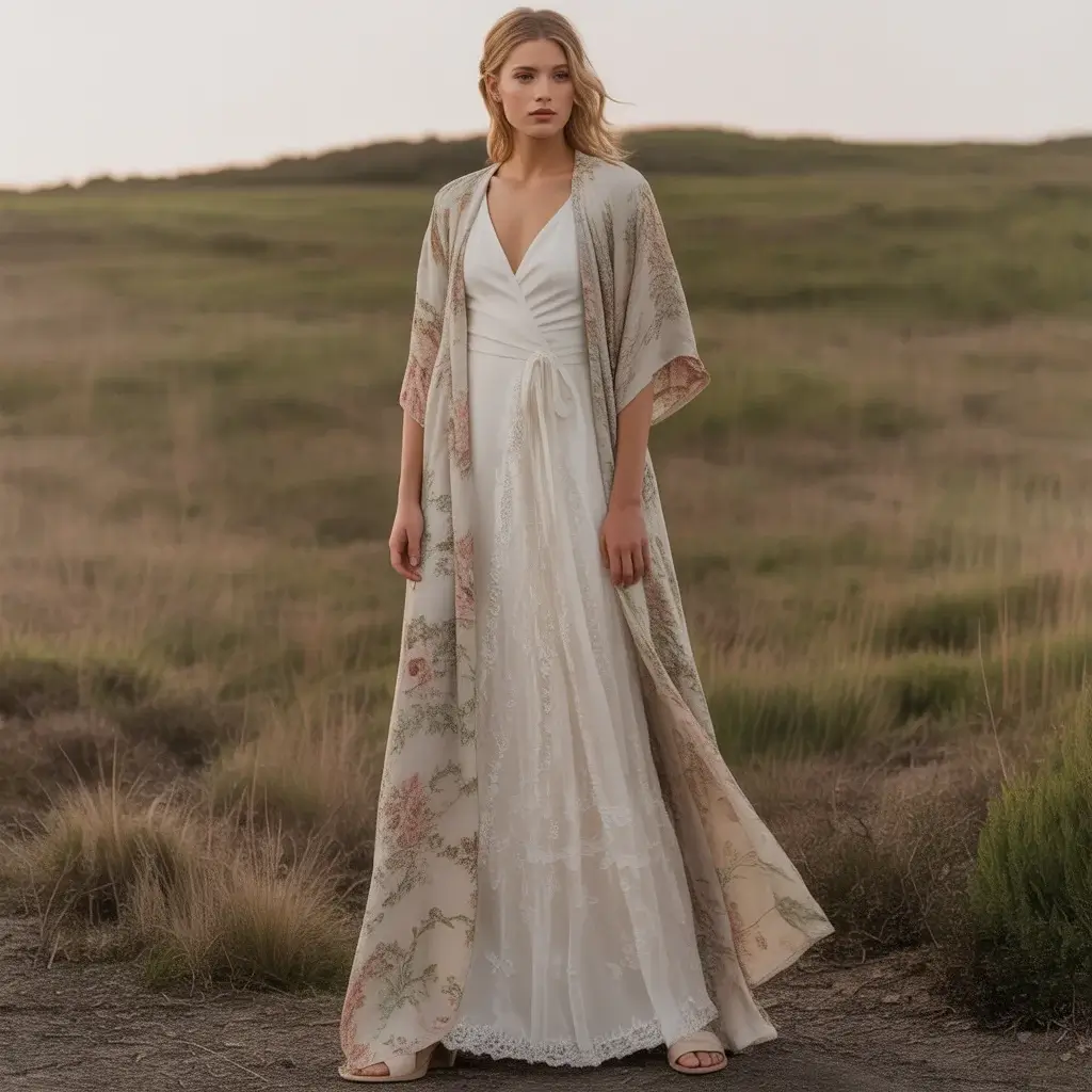 13 Jacquard Wedding Dresses Brides Are Saving 7 Ethereal bohemian wrap style dress with floral jacquard overlay