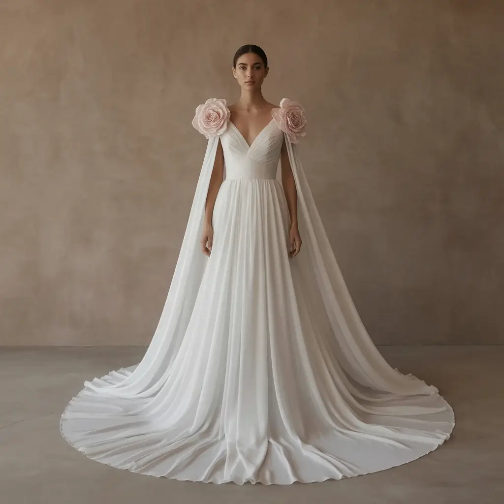 Ethereal cape dress rose shoulder details