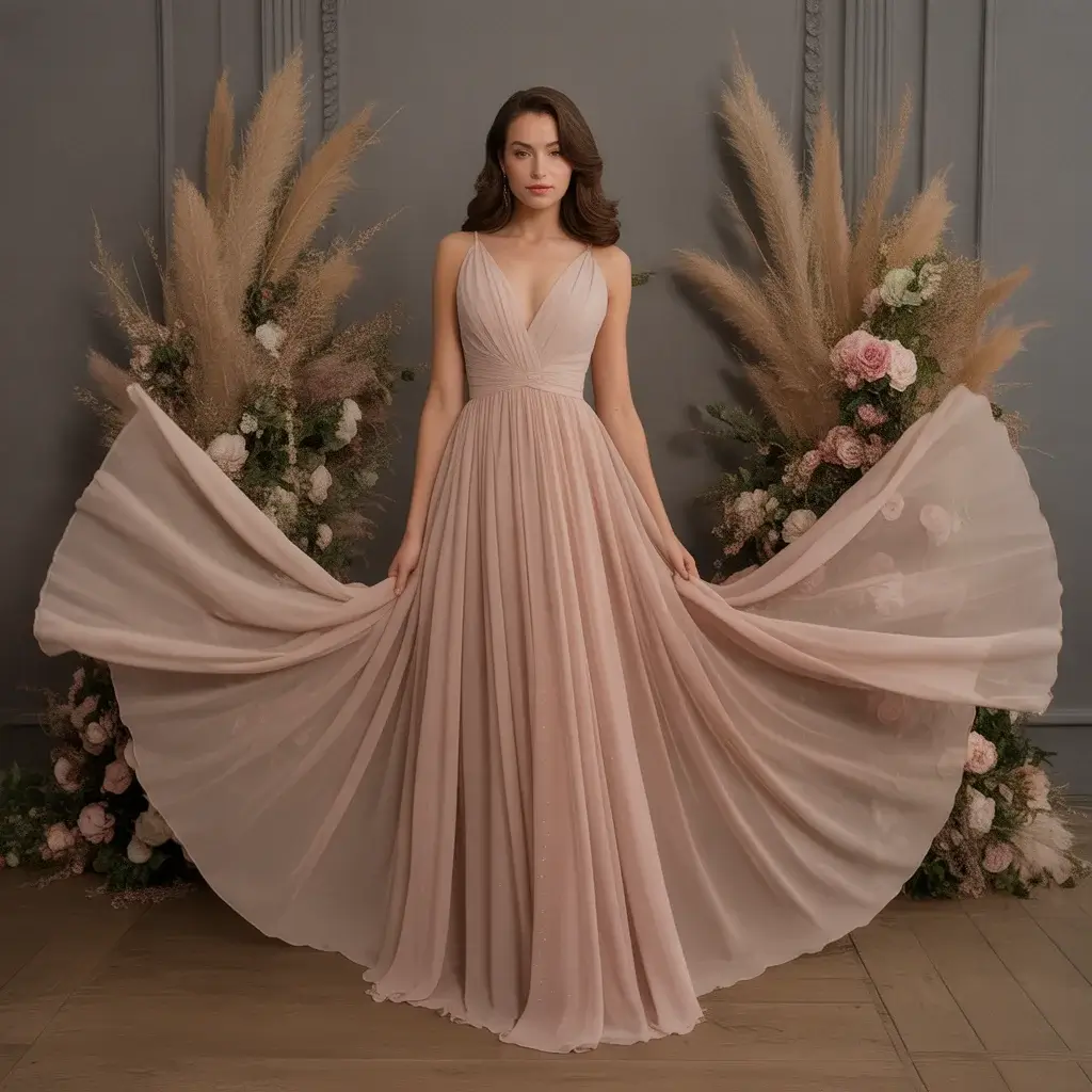 Top 15 Rose Gold Dresses That Are Trending on Pinterest 8 Ethereal chiffon maxi dress in rose gold with flowing layers and graceful movement