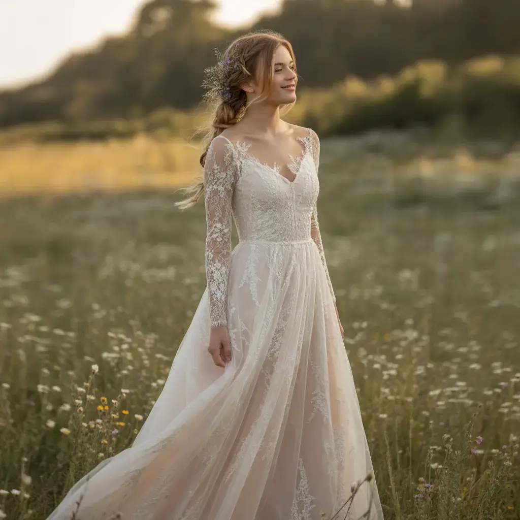 Ethereal illusion long sleeve lace boho gown with floating appliques and sheer elegance