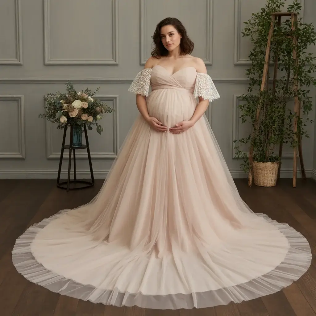 Ethereal tulle overlay maternity wedding gown.