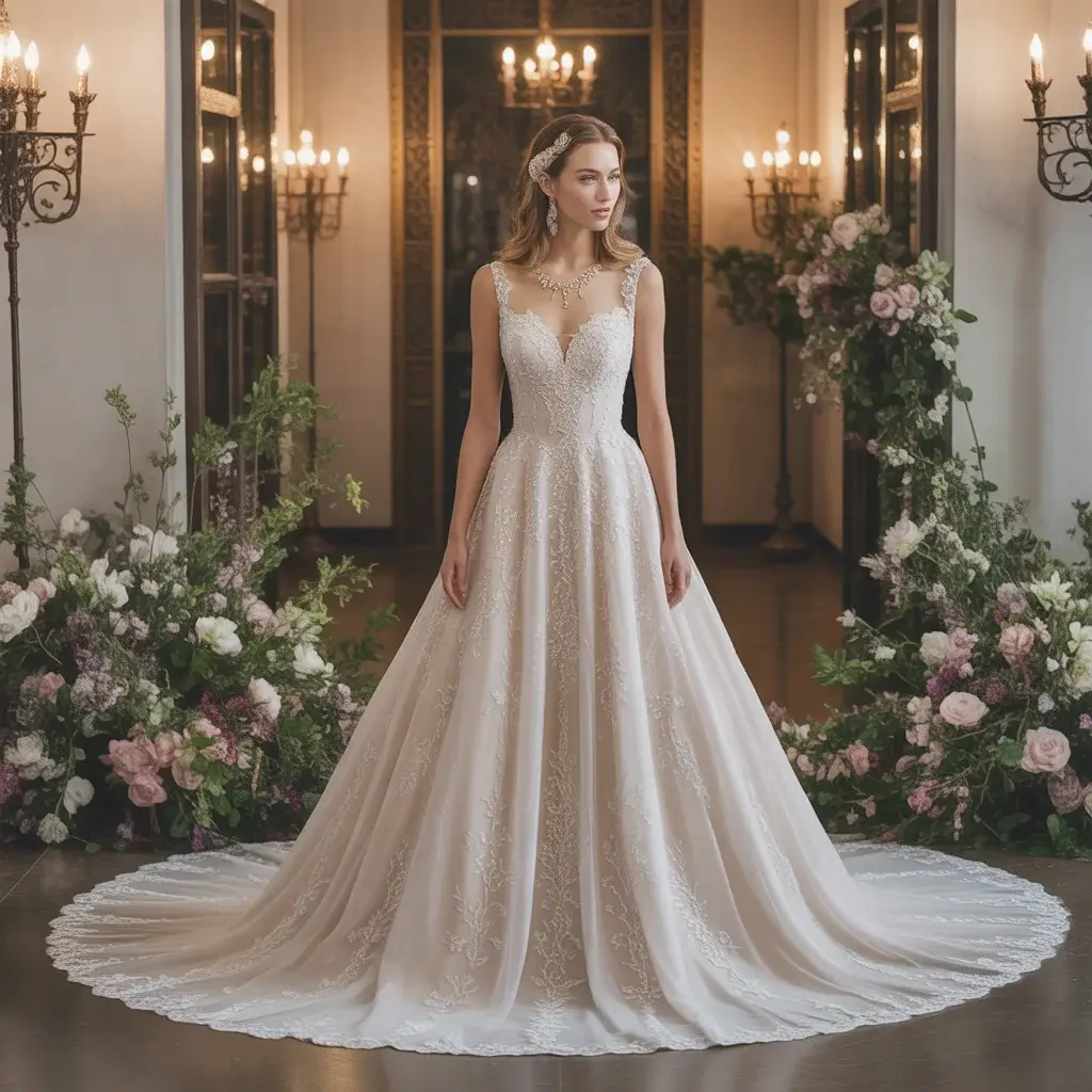 Ethereal wedding dress combining delicate lace with crystal embellishments and illusion neckline