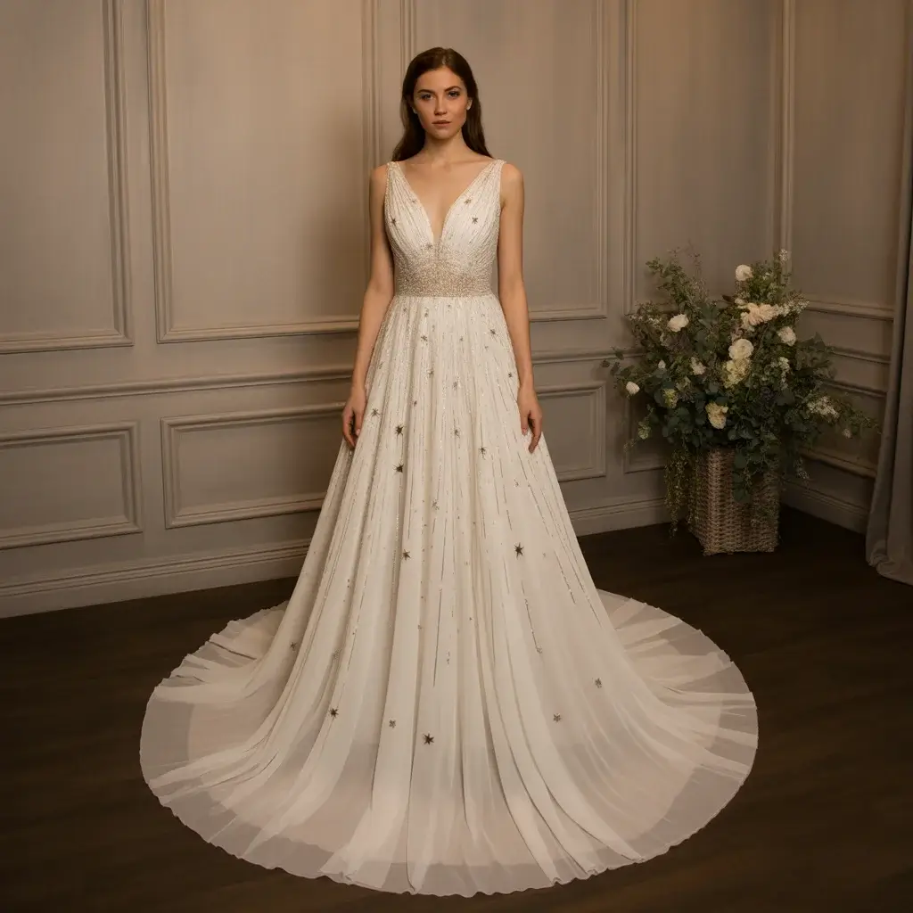 Ethereal wedding dress with celestial star and moon crystal embellishments on flowing chiffon