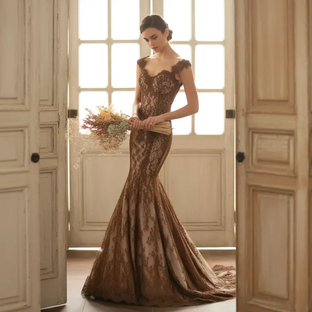 13 Brown Wedding Gowns Trending Right Now 3 Fitted mocha brown lace mermaid wedding dress with intricate floral patterns