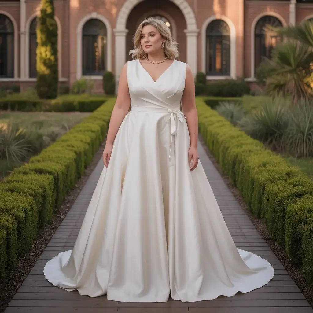 Flattering wrap-style plus size wedding dress with crossover bodice and adjustable fit