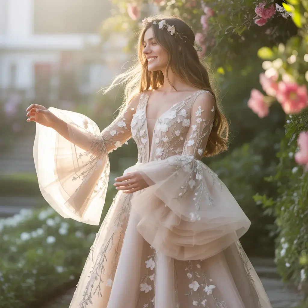 Floral Applique Bell Sleeve Gown