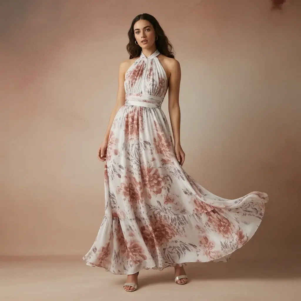 13 Halter Neck Dresses for Wedding Guests 3 Floral Print Halter Maxi with Flowing Skirt