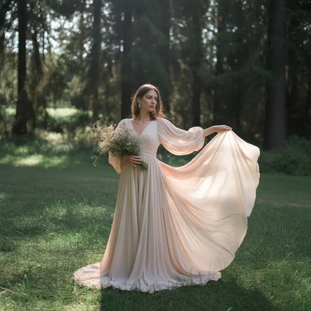 Flowing Chiffon Bohemian Forest Wedding Gown With Ethereal Sleeves And Natural Movement