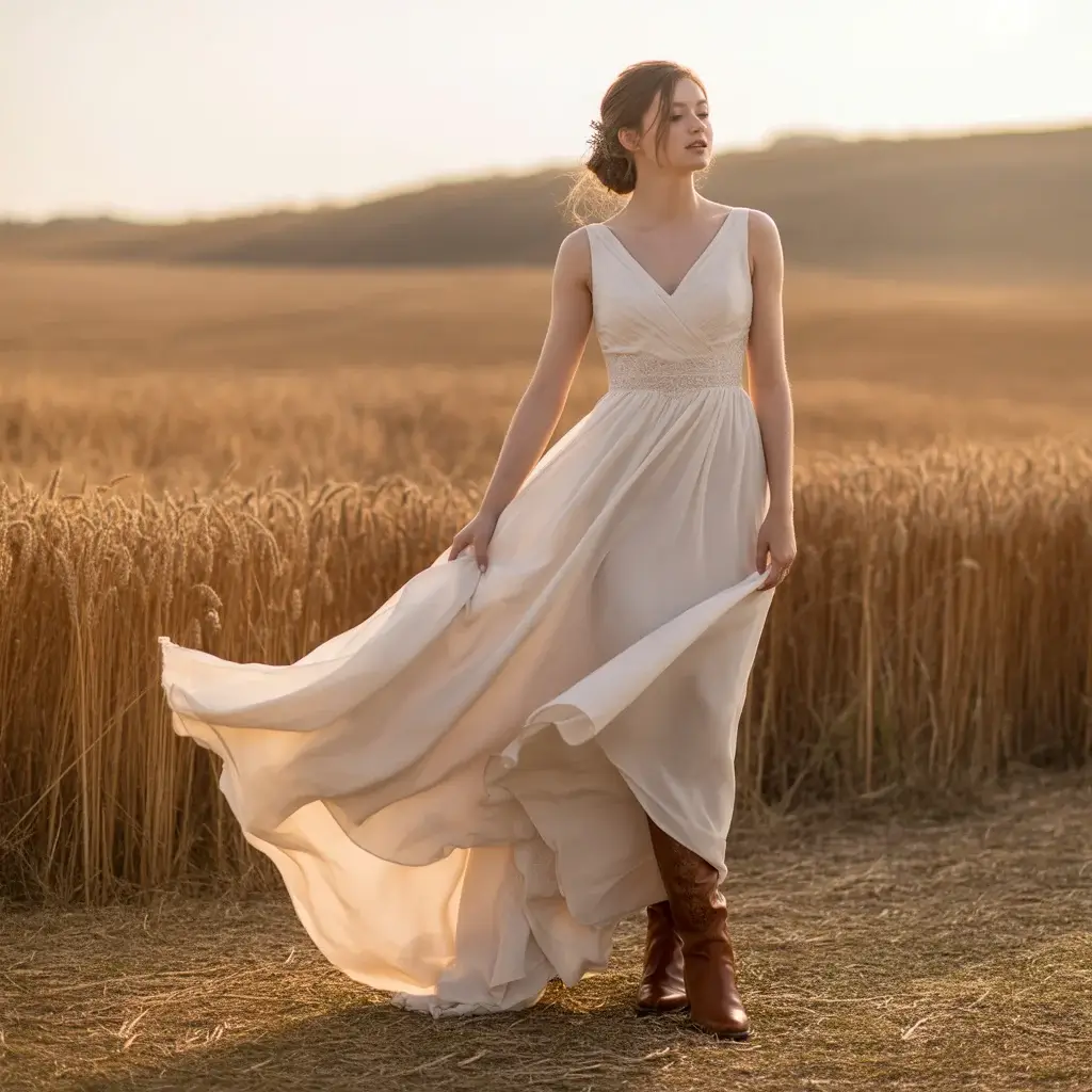 Flowing chiffon wedding gown with empire waist paired with distressed cognac leather boots