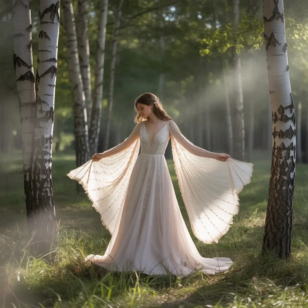 Flowing Sleeve Woodland Fairy Wedding Dress With Dramatic Wing Like Sleeves And Ethereal Movement