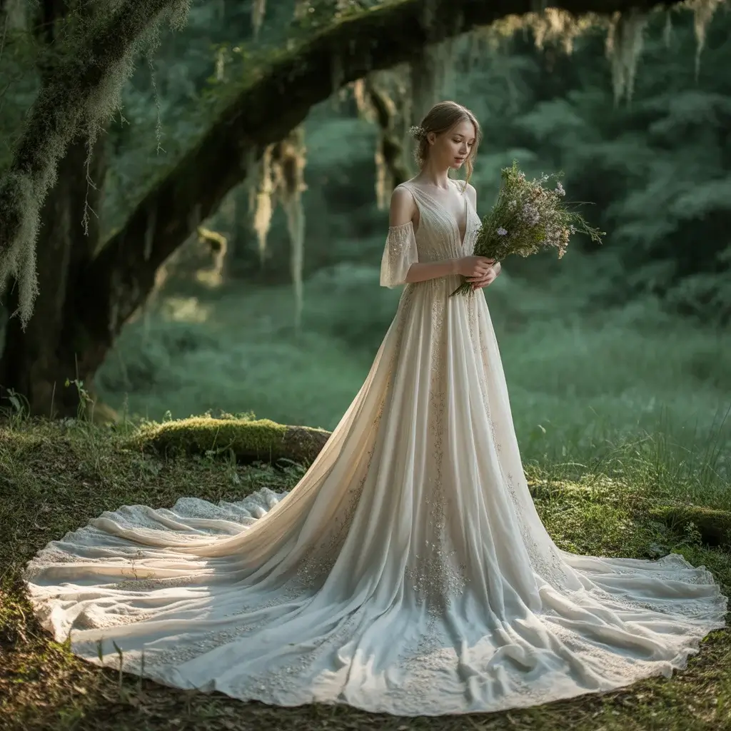 Flowing Train Forest Goddess Wedding Dress With Extended Train And Divine Ethereal Beauty