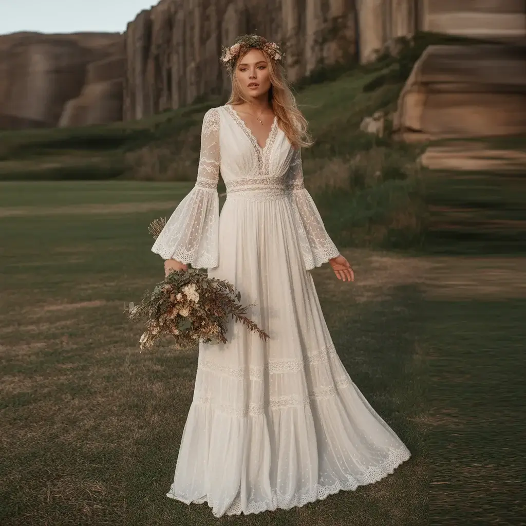 Flowing bell sleeve lace boho wedding dress with seventies-inspired flare and vintage romance