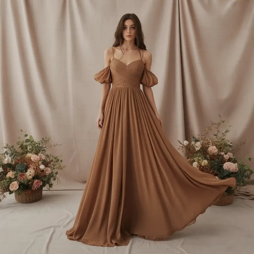 13 Brown Wedding Gowns Trending Right Now 4 Flowing caramel brown chiffon boho wedding dress with off-shoulder sleeves