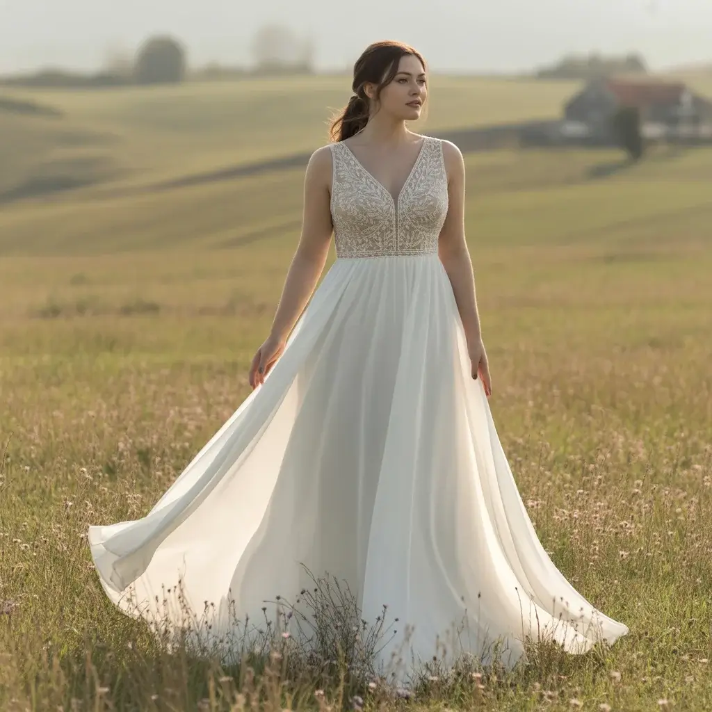 Flowing chiffon A-line plus size wedding dress with embroidered bohemian bodice