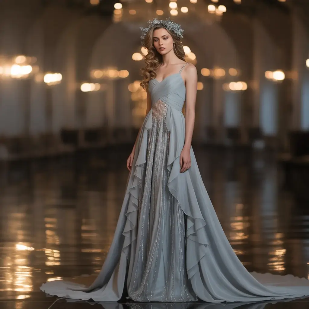 Flowing chiffon silver evening dress with silk layers and metallic threading details