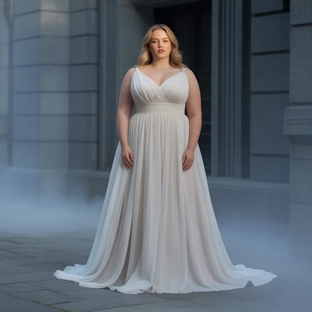 Flowing empire waist plus size wedding gown with high waistline and ethereal fabric