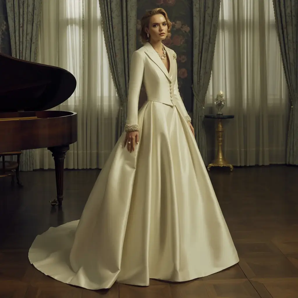 Flowing ivory smoking jacket wedding gown with satin finish and vintage details