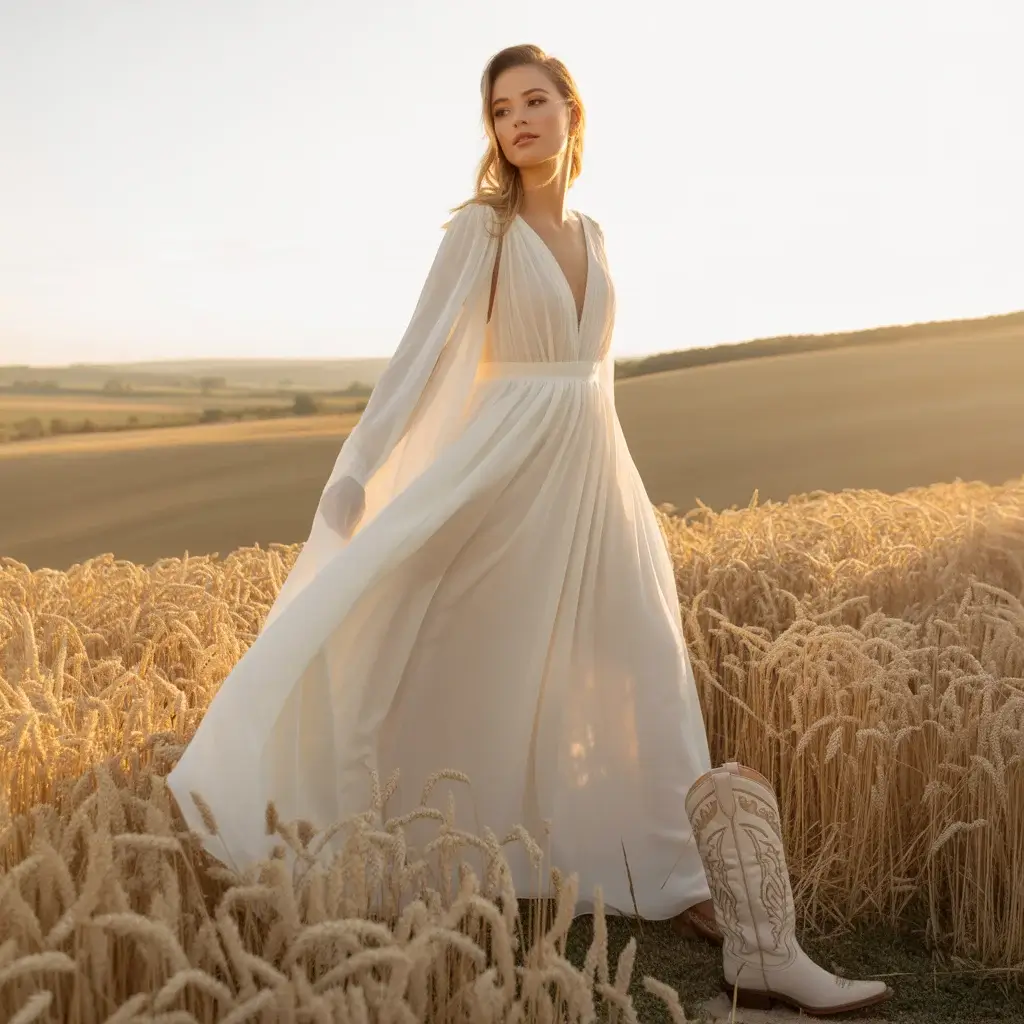 Flowing maxi wedding dress with ethereal draping paired with fringed cowboy boots