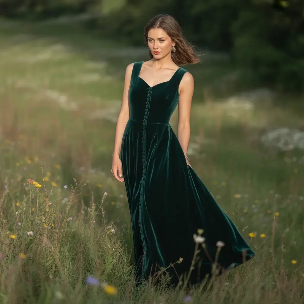 Forest Green Velvet Dress with Button Details