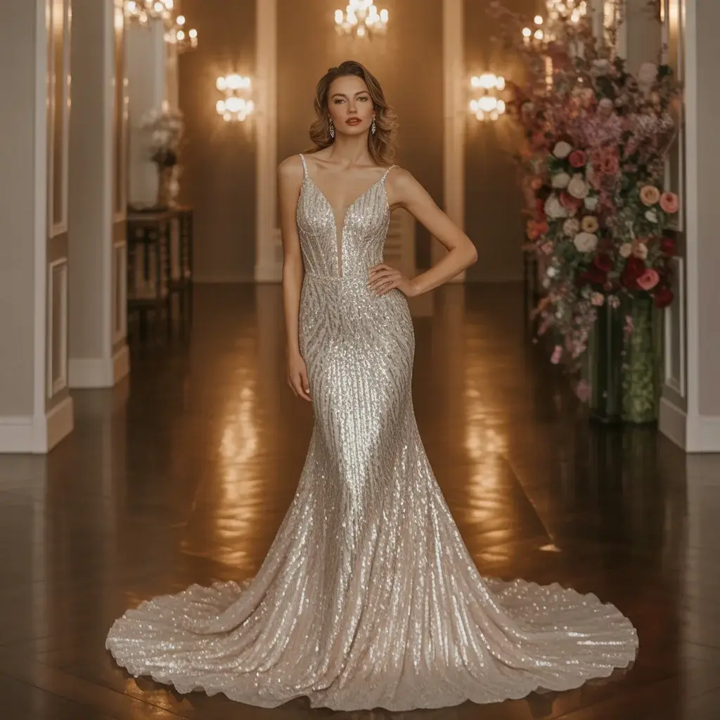Glamorous mermaid wedding dress covered in shimmering sequins with dramatic flare