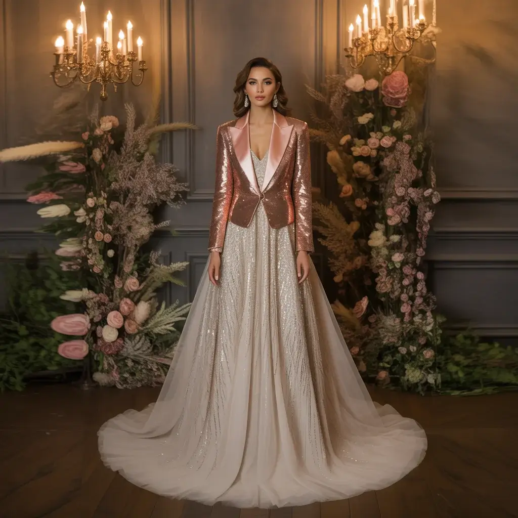 Glamorous rose gold sequined tuxedo jacket wedding dress with sparkling details