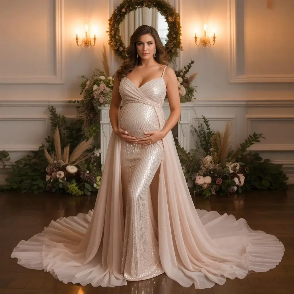 Glamorous sequined maternity evening wedding gown.