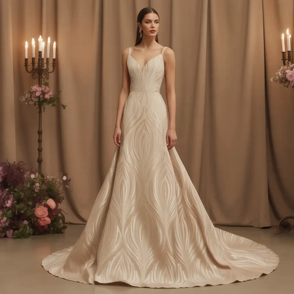 13 Jacquard Wedding Dresses Brides Are Saving 12 Glamorous trumpet silhouette dress with art deco jacquard motifs
