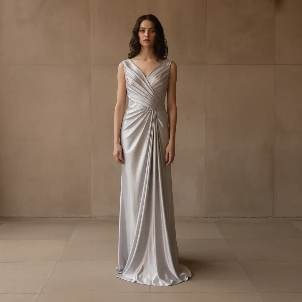 Goddess-style draped silver gown with silk jersey fabric and classical draping