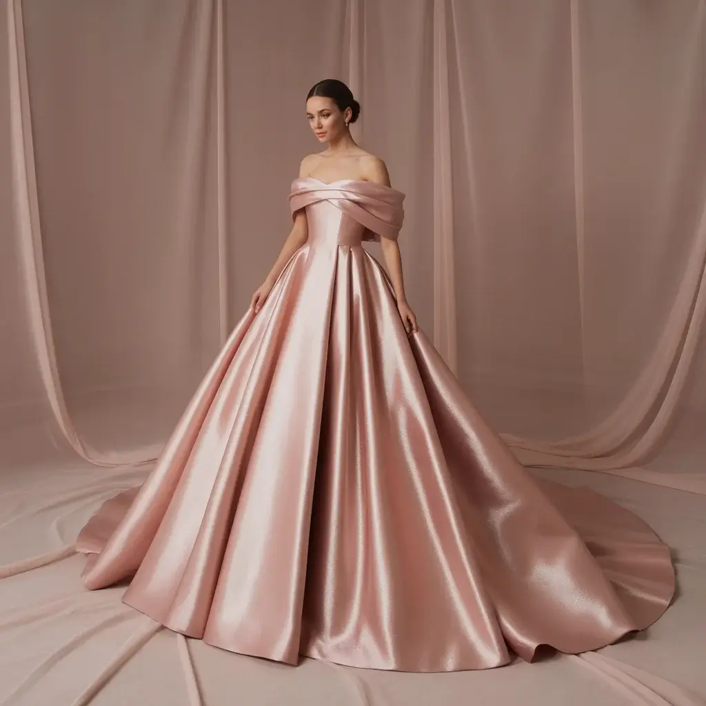 Top 15 Rose Gold Dresses That Are Trending on Pinterest 2 Graceful ballgown in rose gold satin with off-shoulder sleeves and full flowing skirt