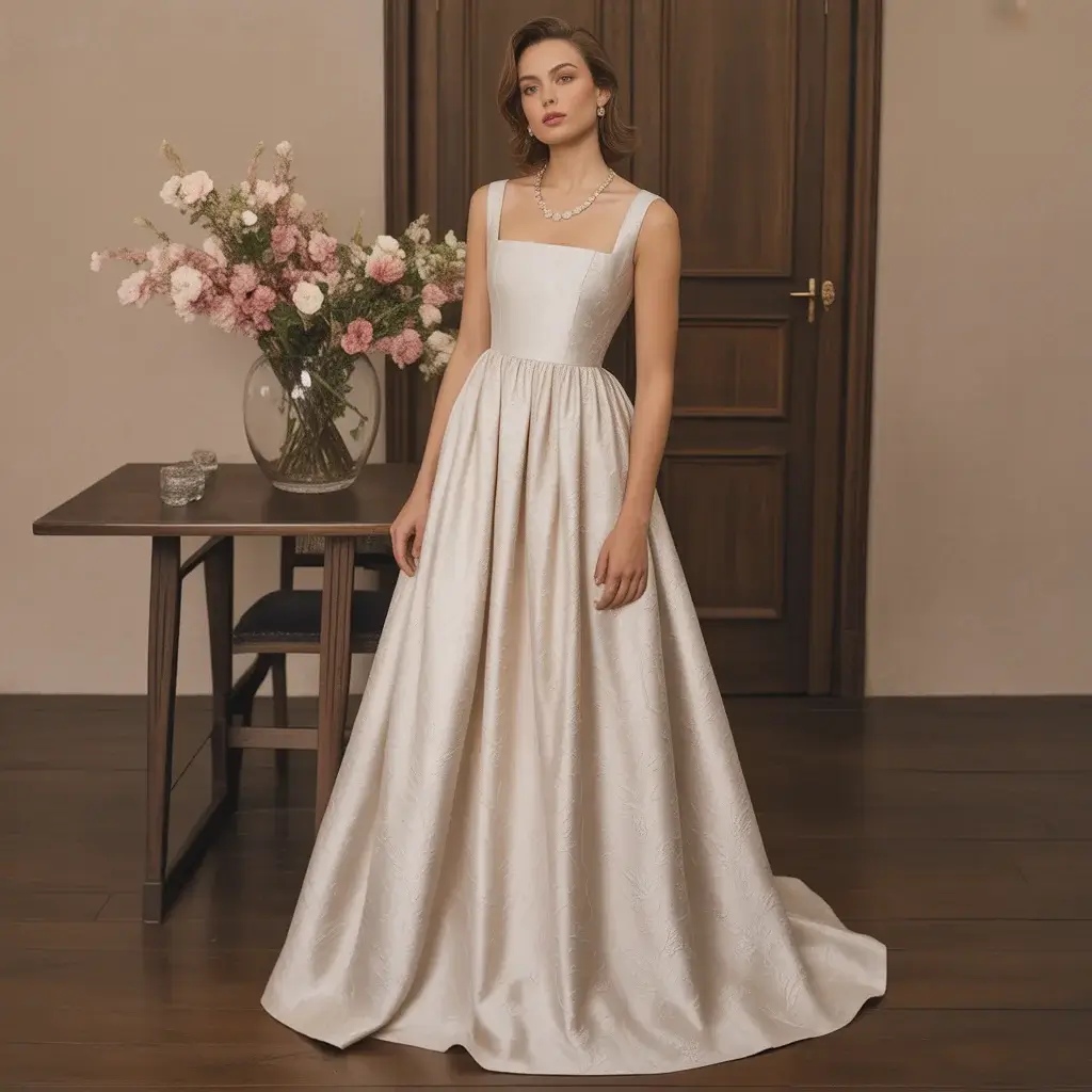 13 Jacquard Wedding Dresses Brides Are Saving 13 Graceful empire waist dress with delicate floral jacquard pattern