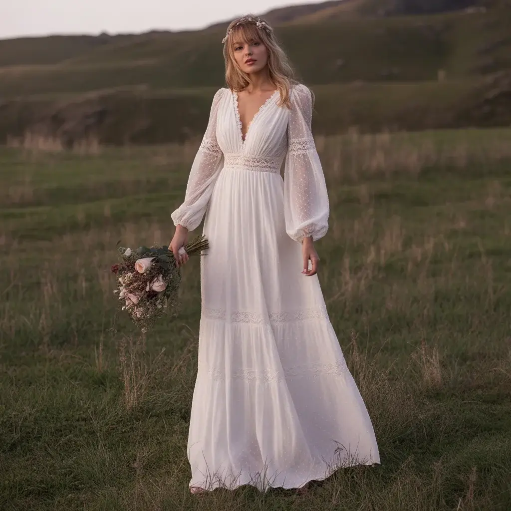 Graceful long sleeve lace boho dress with empire waist and flowing romantic silhouette