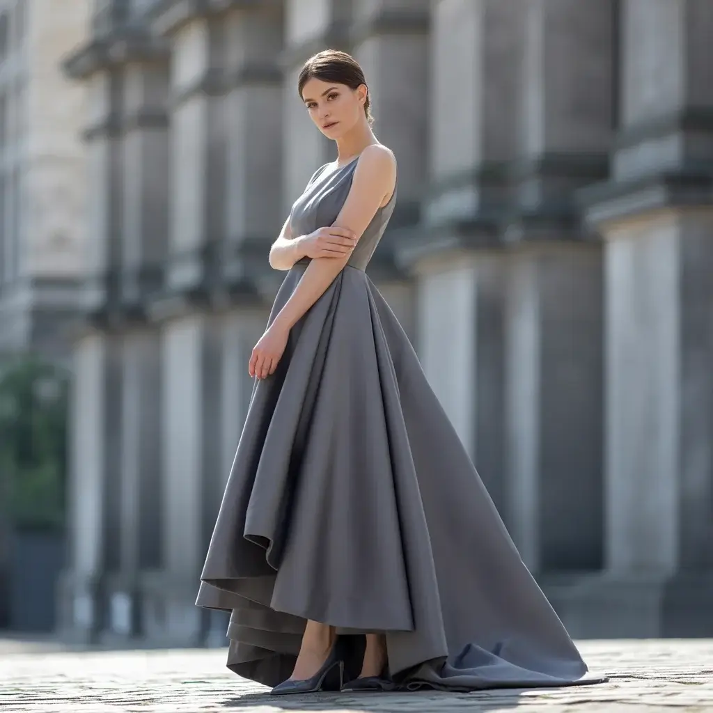 Top 15 Grey Bridal Dresses That Are Breaking Traditional Wedding Rules 15 Graphite grey high-low hem dress with contemporary dramatic flair