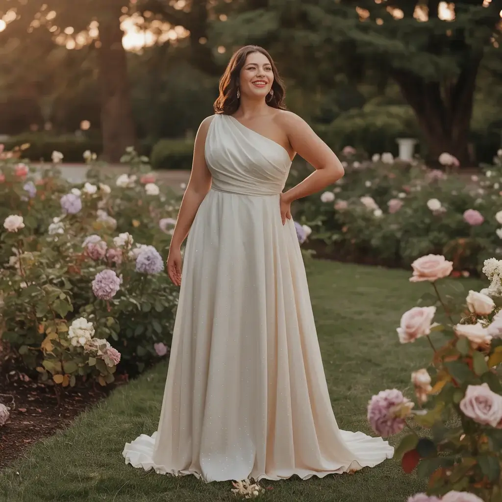 Top 13 Plus Size Wedding Dresses to Hide Stomach That Brides Are Pinning Right Now 7 Grecian Draped One-Shoulder Gown