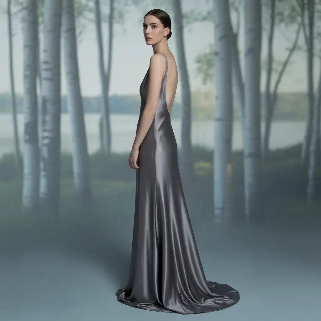 Top 15 Grey Bridal Dresses That Are Breaking Traditional Wedding Rules 9 Gunmetal grey backless column dress with sleek modern design