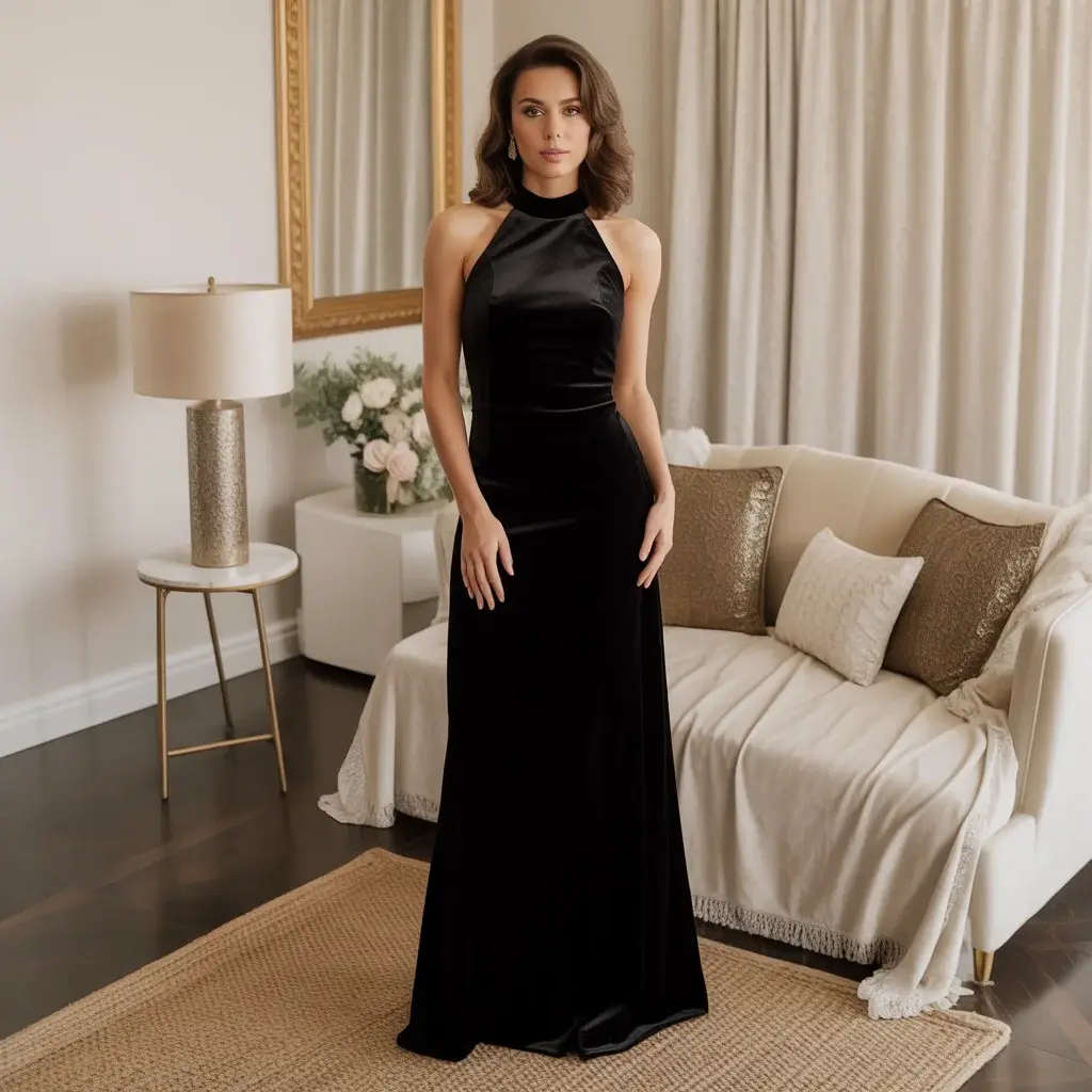 Strapless black velvet mermaid gown with dramatic fitted silhouette