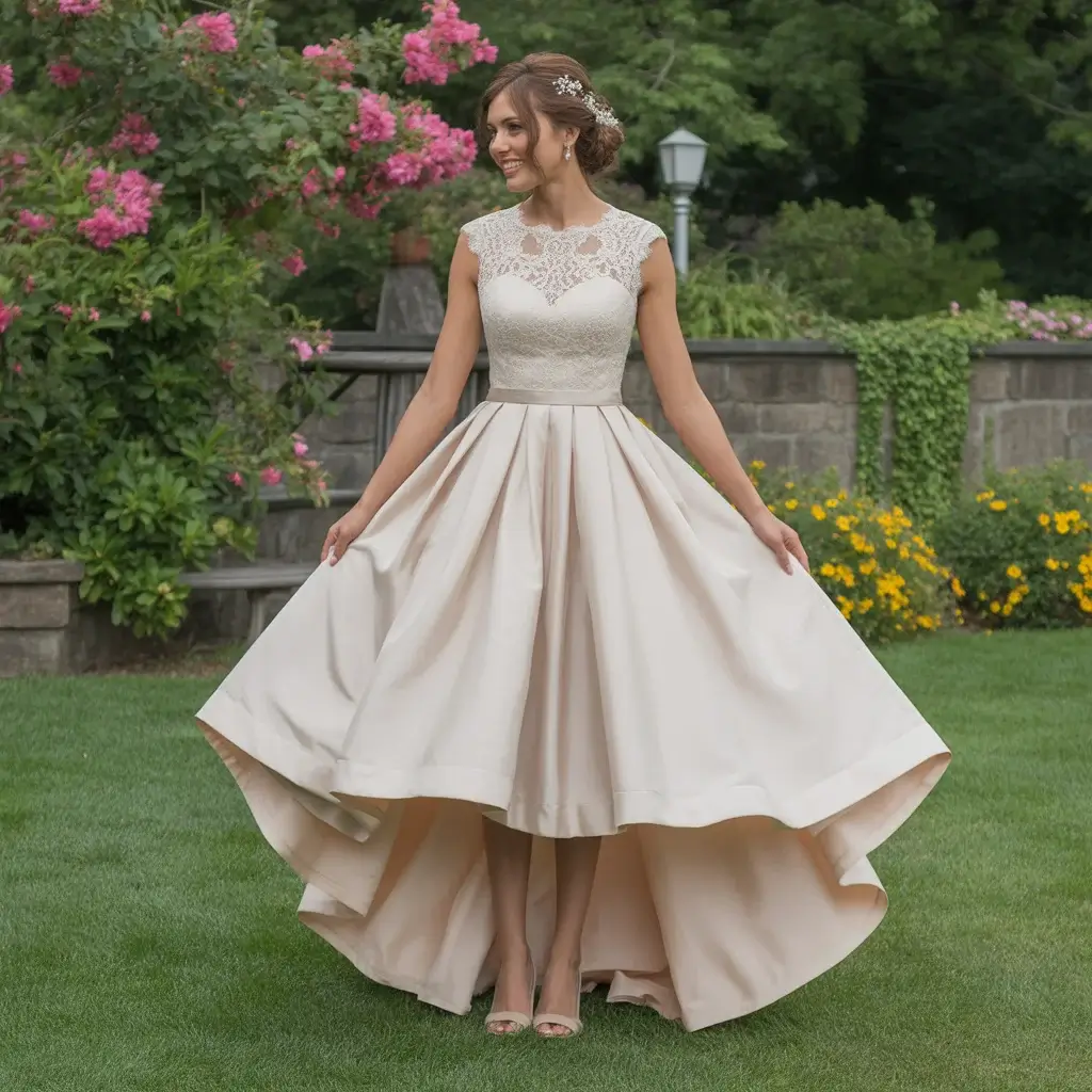 High-Low Champagne Dress with Lace Bodice