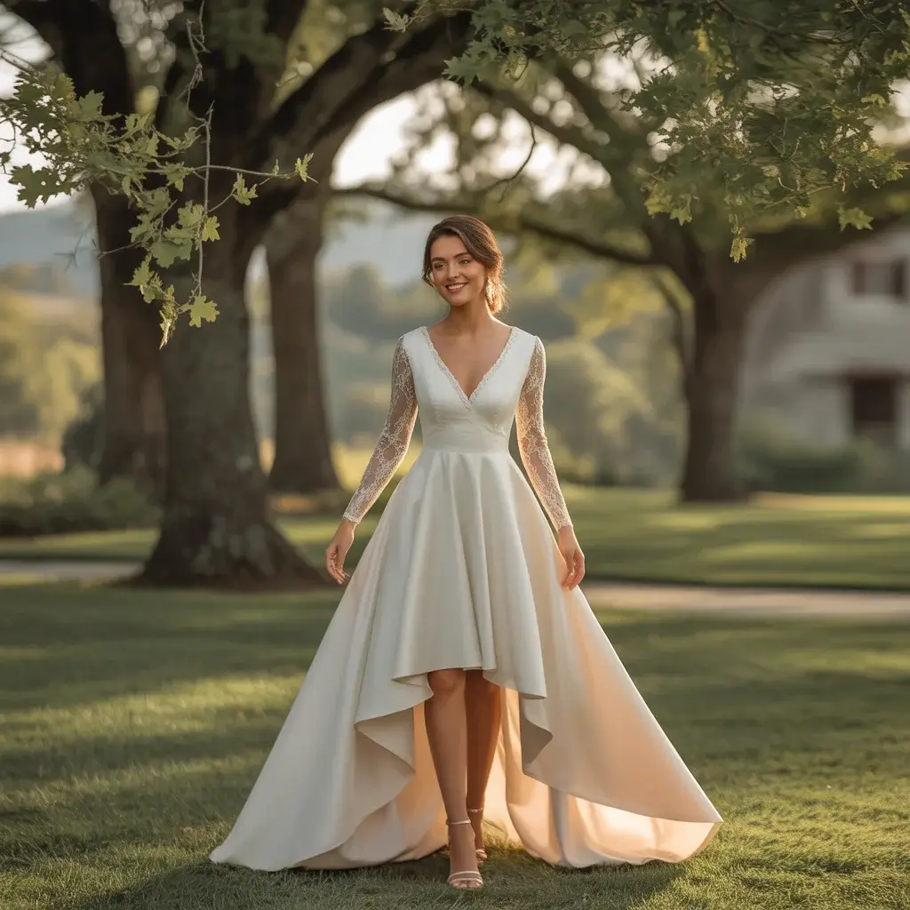 15 Long Sleeve V Neck Wedding Dresses Brides Are Pinning 9 High-Low Hemline Long Sleeve V Neck Dress