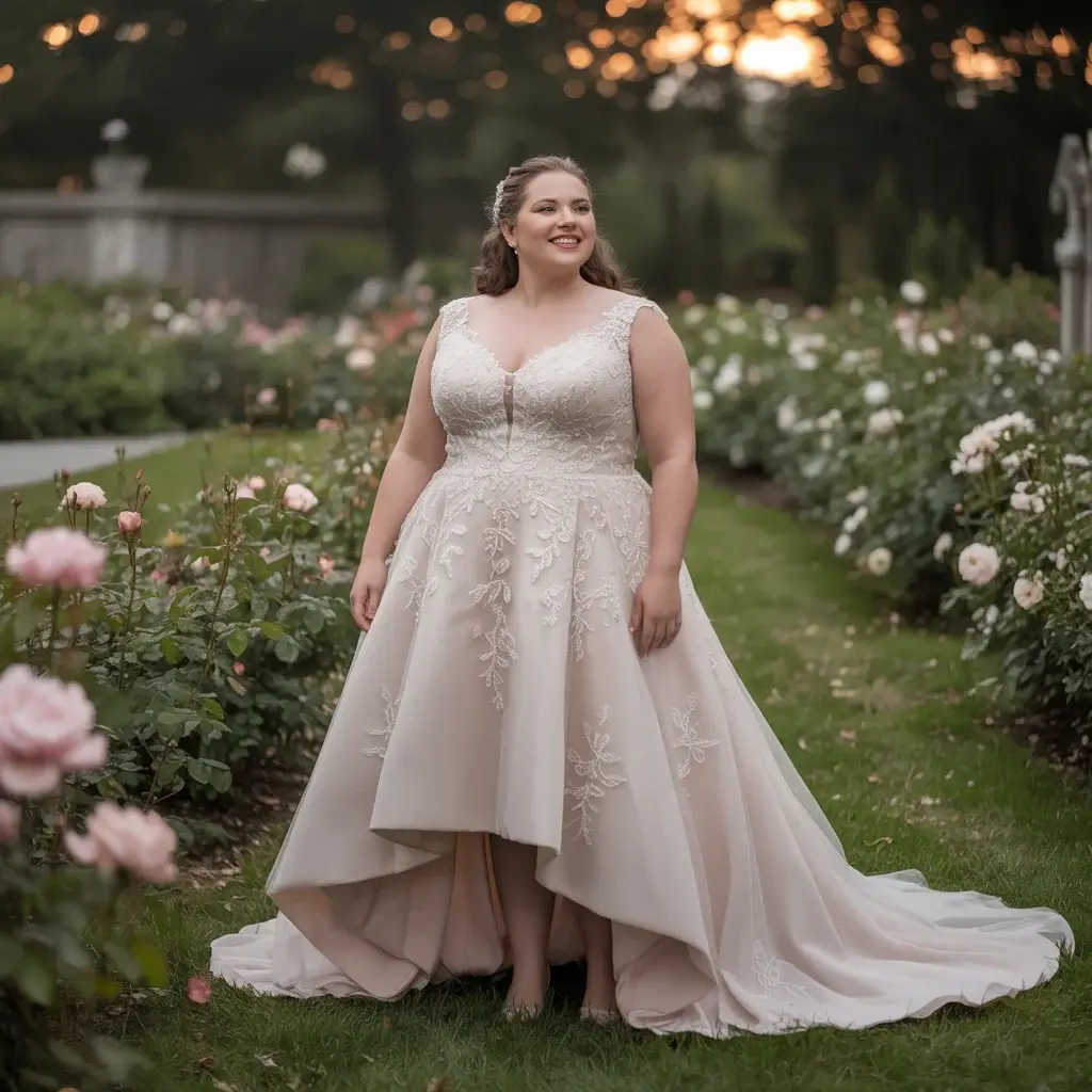 Top 13 Plus Size Wedding Dresses to Hide Stomach That Brides Are Pinning Right Now 4 High-Low Hemline with Lace Appliques Gown