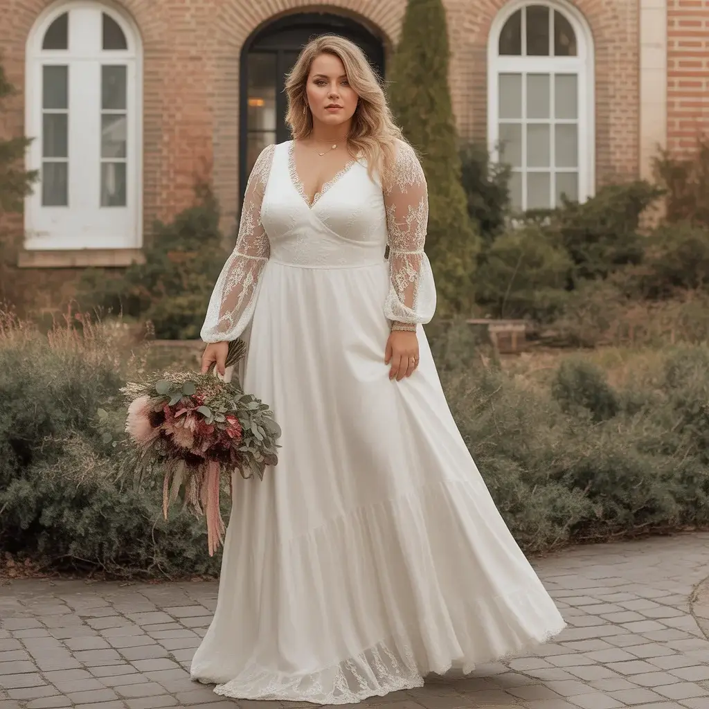 High-low hem plus size bohemian wedding dress with romantic lace sleeve details