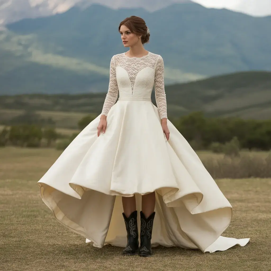High-low hem wedding dress with lace bodice paired with classic black Western boots