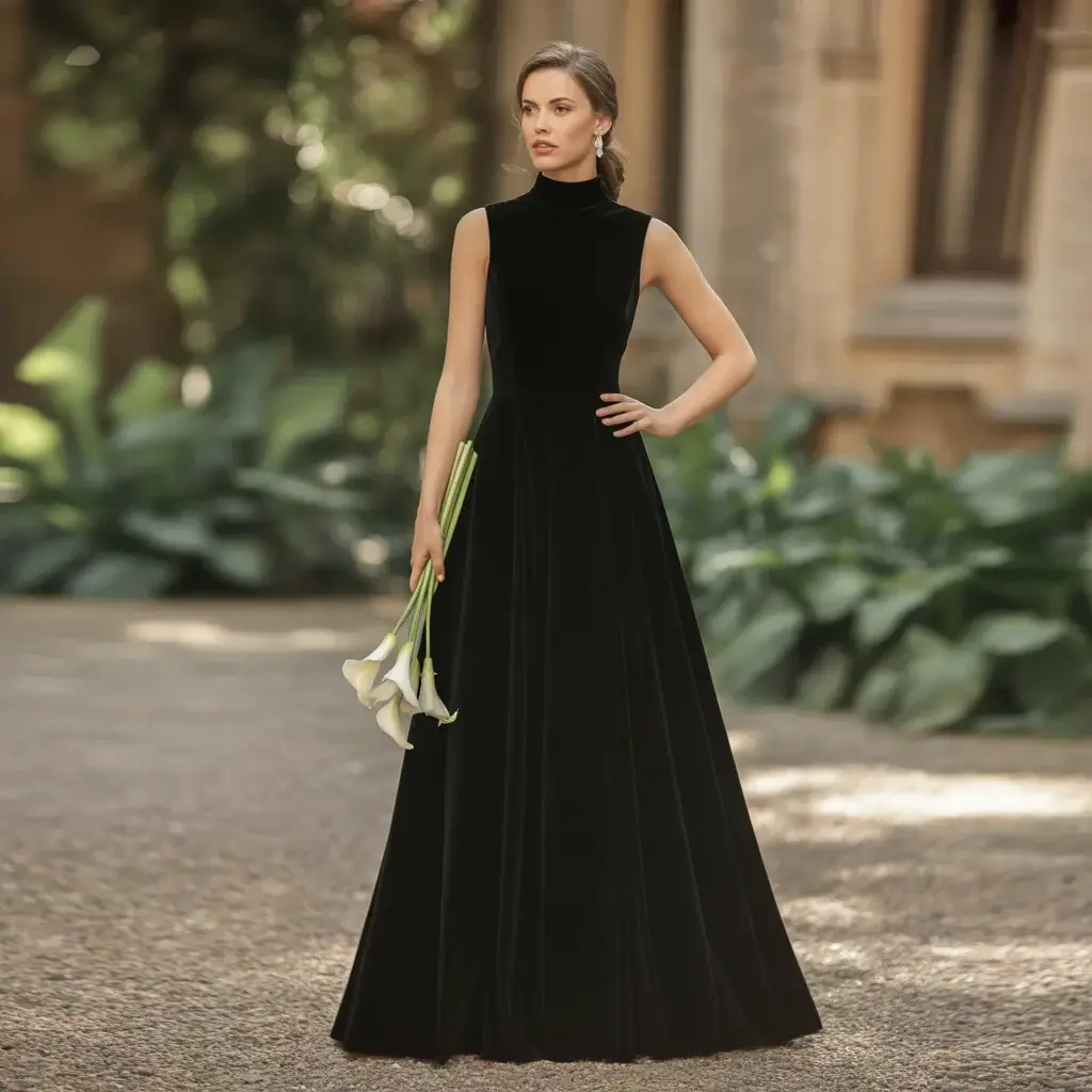 High-neck black velvet sleeveless gown with sophisticated modest elegance