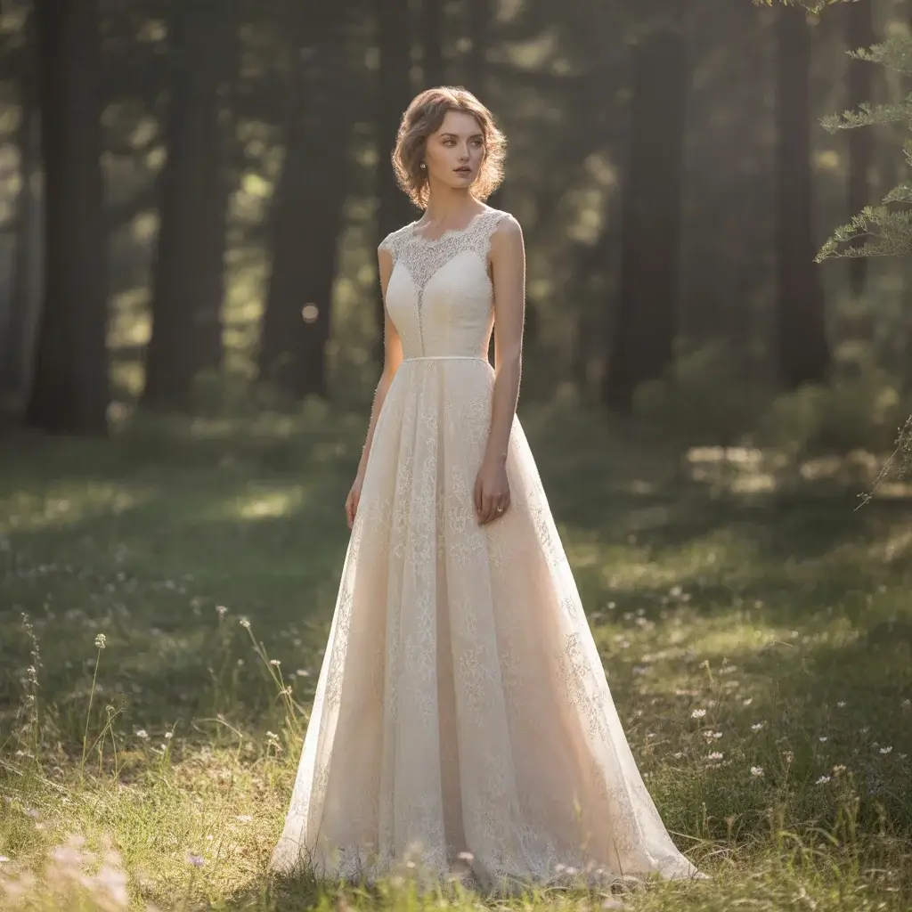 Illusion Back Gown with Lace Queen Anne Neckline