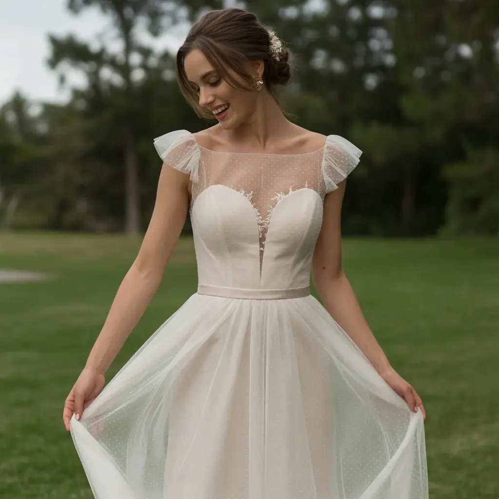 Illusion Neckline with Delicate Ruffle Trim