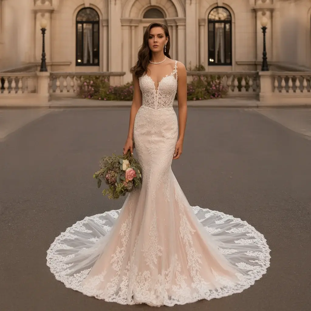 Lace Cat Eye Mermaid Wedding Gown With Intricate Appliques And Fitted Silhouette