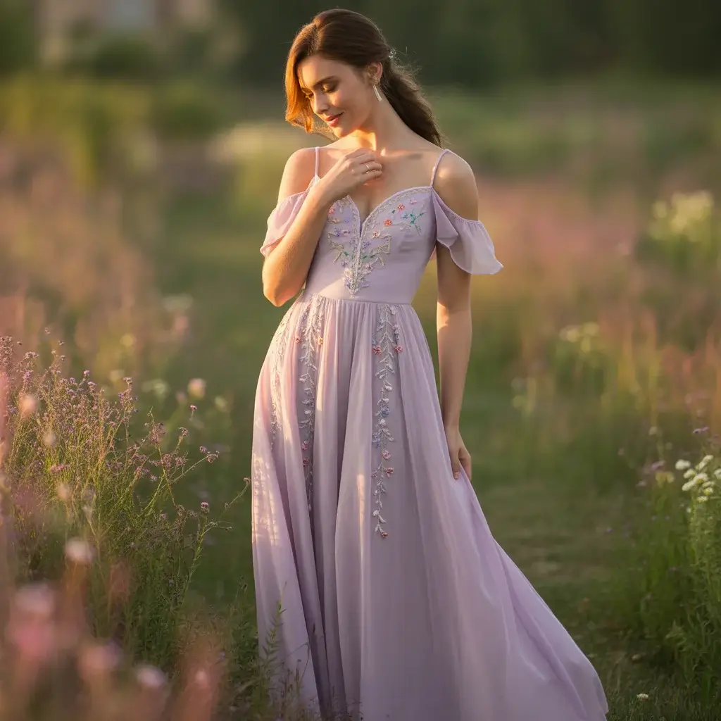 Lavender Maxi Dress with Embroidered Details