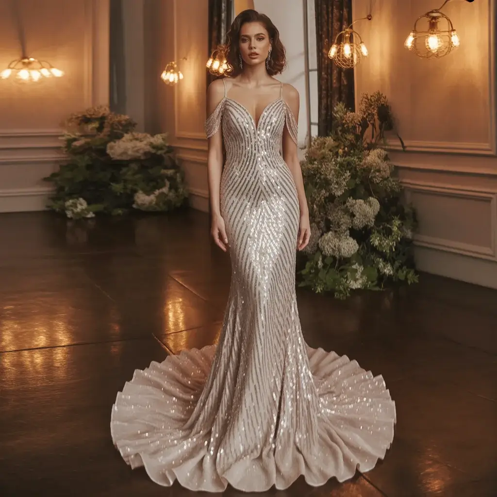 Top 15 Diamond Wedding Dresses That Are Sparkling on Pinterest 15 Layered Sequin Trumpet Wedding Gown With Multiple Sequin Layers And Dramatic Show Stopping Sparkle