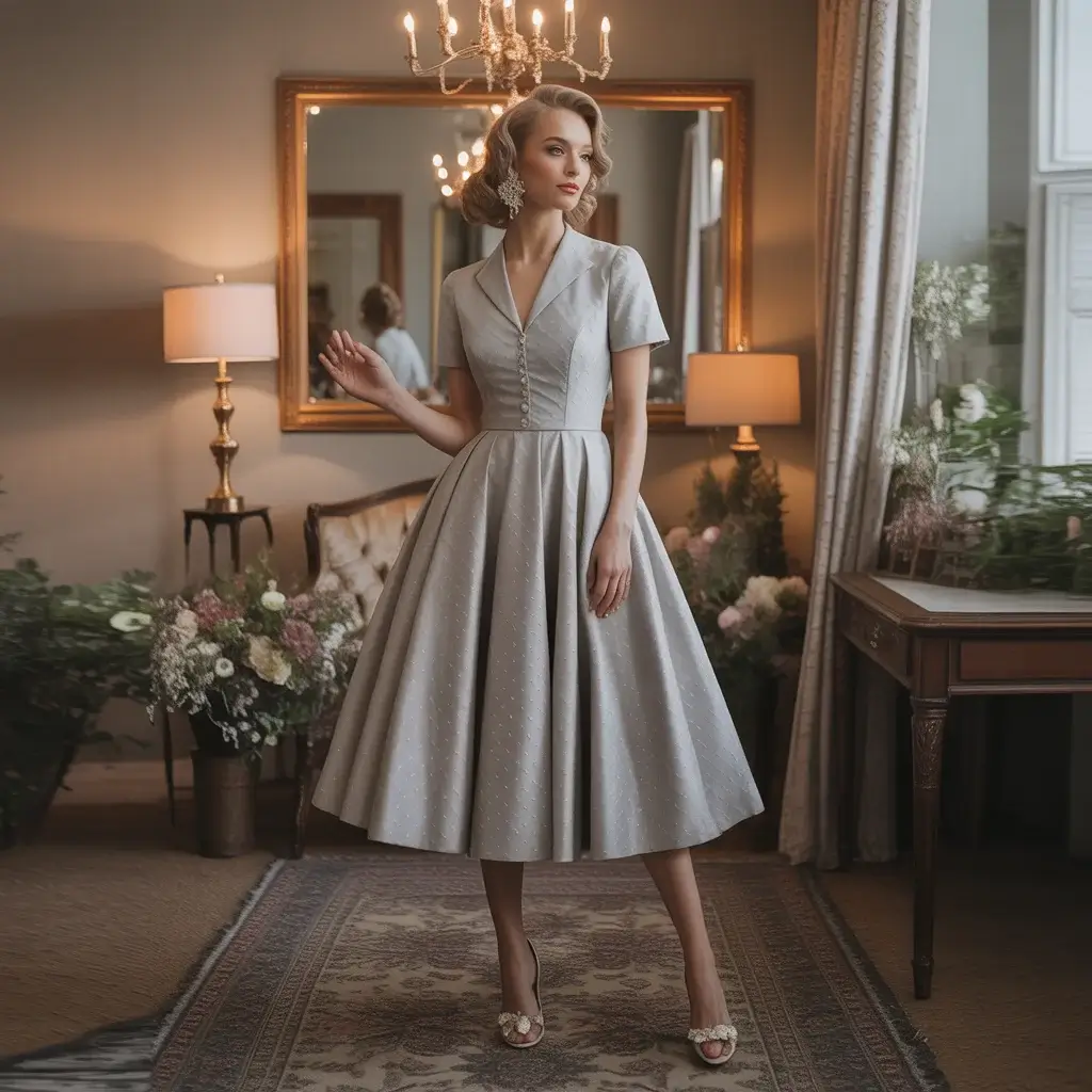Top 15 Grey Bridal Dresses That Are Breaking Traditional Wedding Rules 8 Light grey vintage-inspired tea-length dress with retro charm