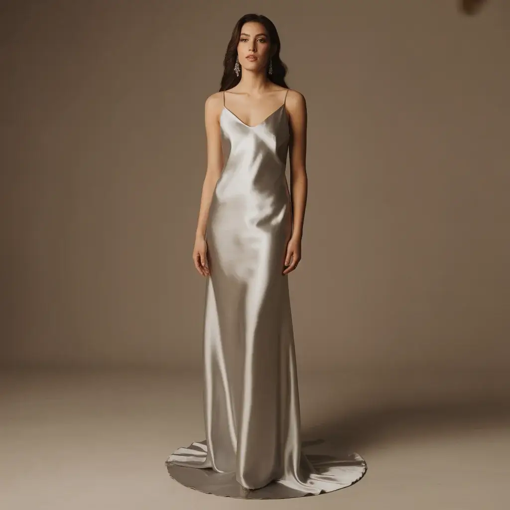 Liquid metal slip dress with innovative fabric and bias-cut construction