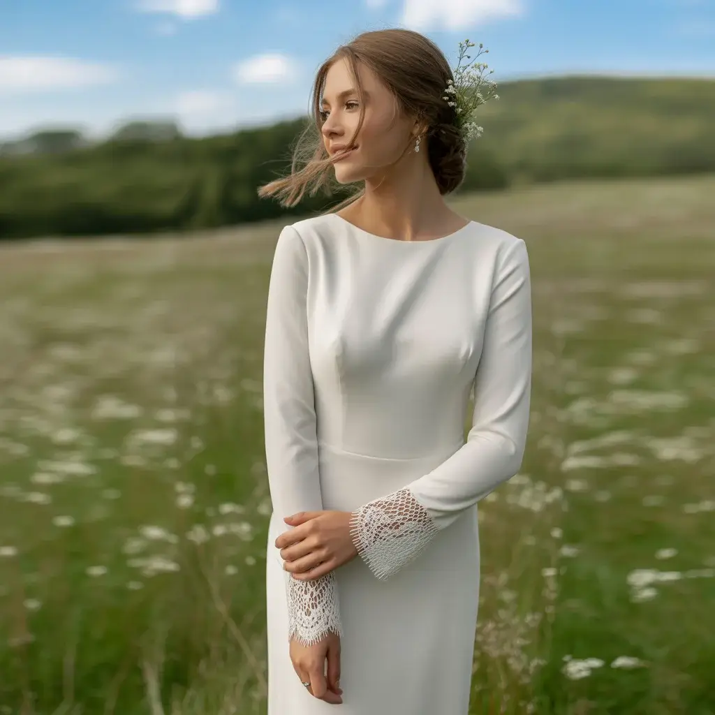 Top 15 Modest Wedding Dresses Brides Are Saving Right Now 10 Long Sleeve Crepe Column Dress