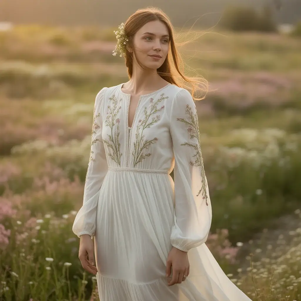 Top 13 White Engagement Party Dresses Brides Are Saving Right Now 6 Long-Sleeve Embroidered Dress